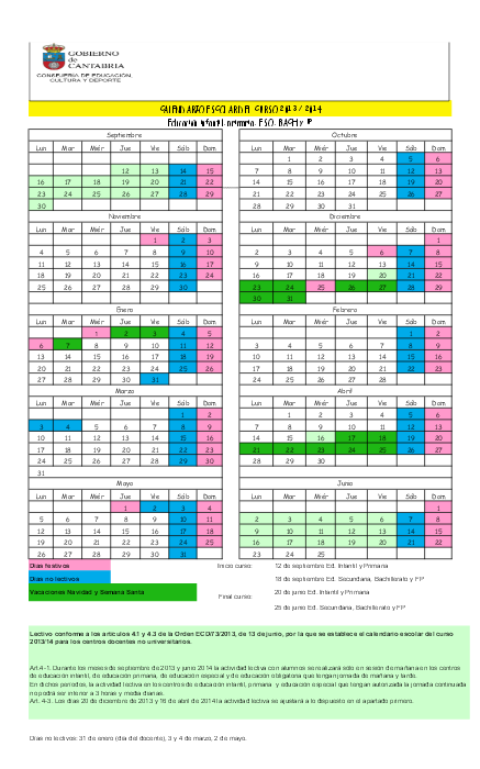 Calendario escolar Cantabria 2013-2014