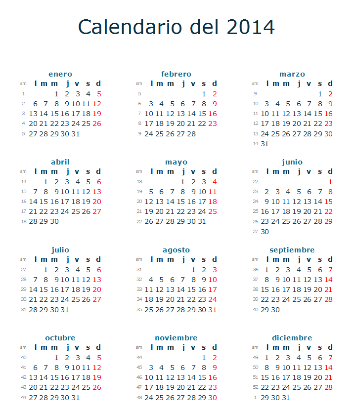 Calendario festivos nacionales 2014