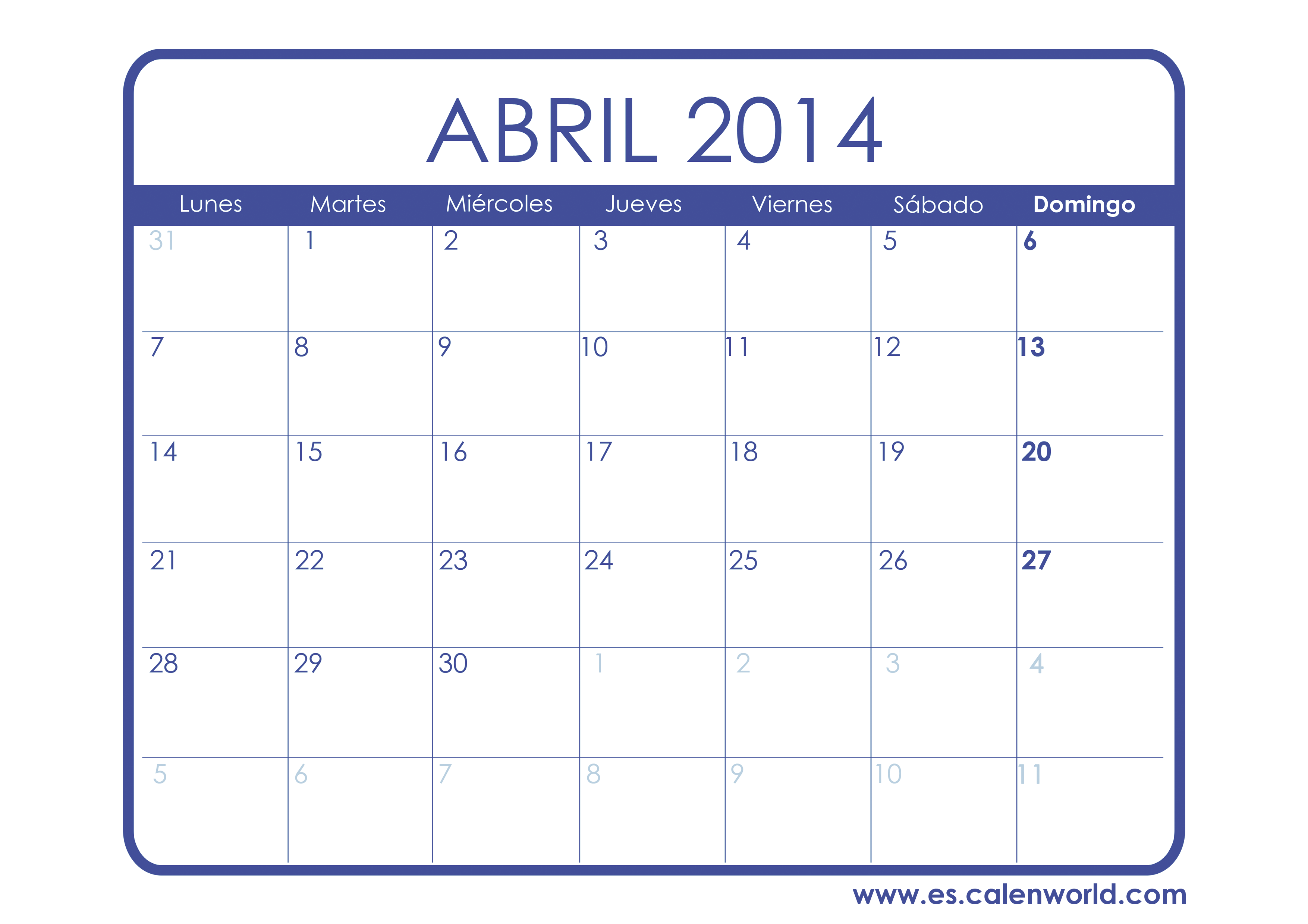 Calendario Abril 2014 para imprimir