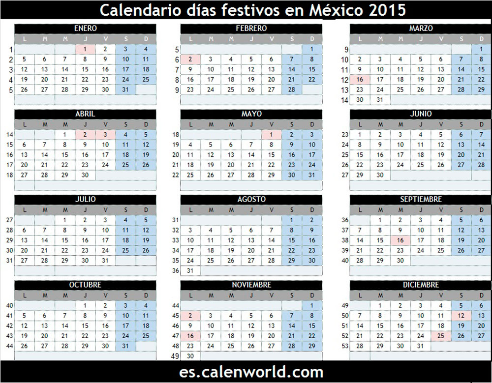 Calendario 2015 con los días festivos de méxico