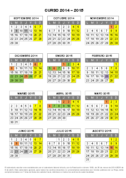 Calendario escolar curso 2014-2015