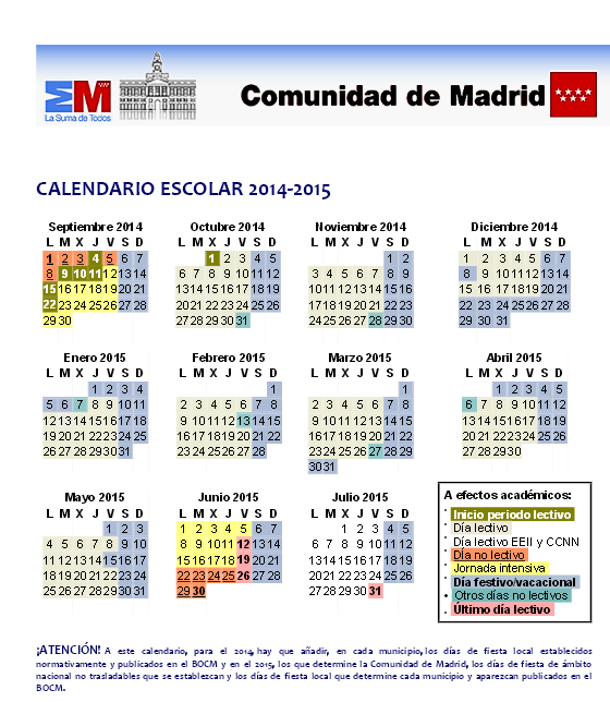 Calendario del curso 2014-2015 en Madrid