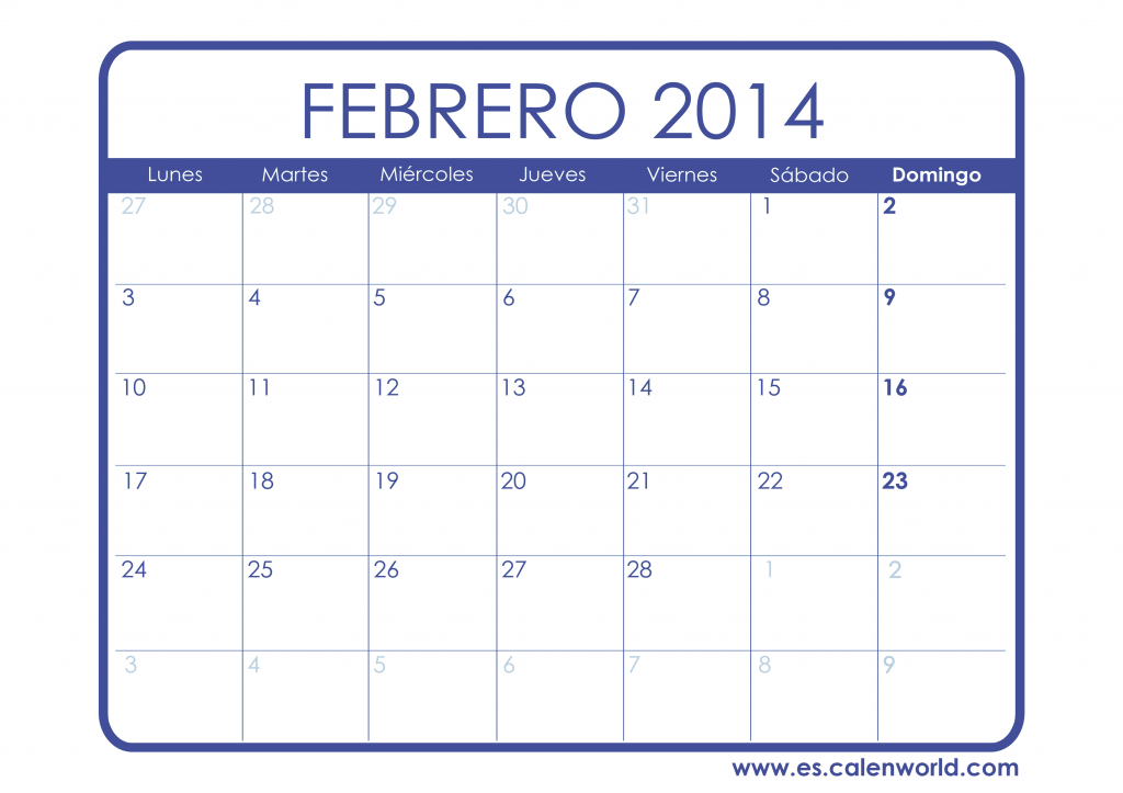 Calendario mensual de Febrero 2014 para imprimir