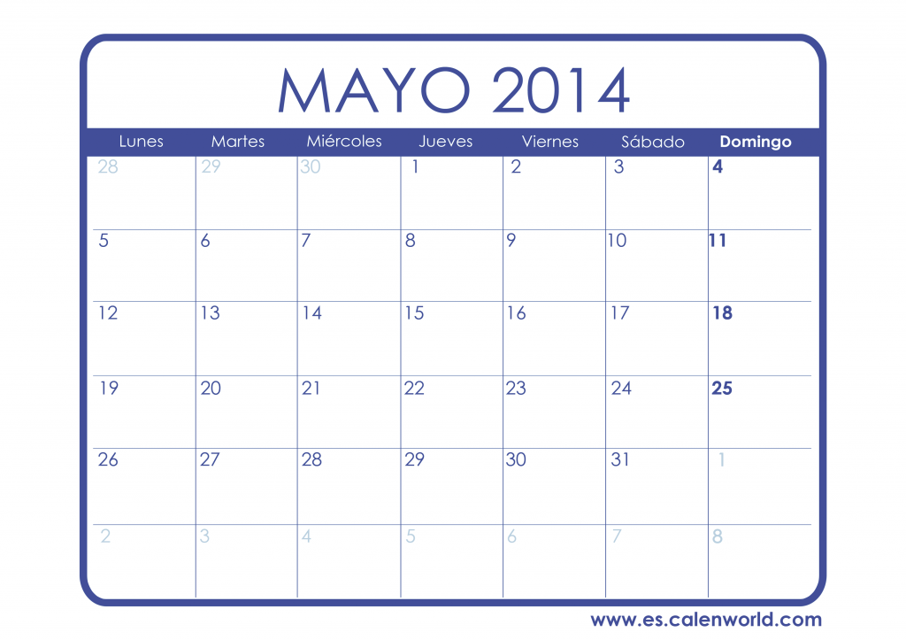 Calendario Mayo 2014 para imprimir