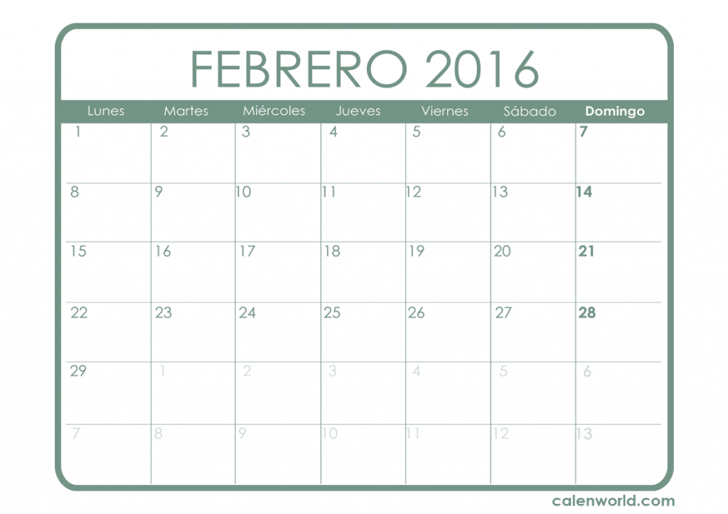 Calendario Febrero 2016