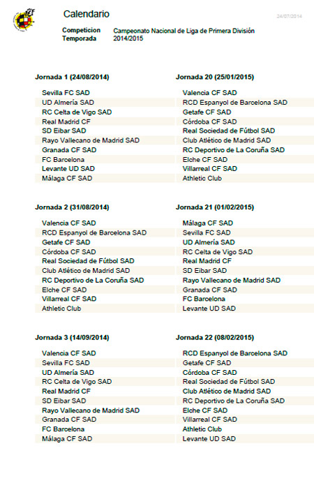 Calendario liga BBVA Fútbol 2014-2015