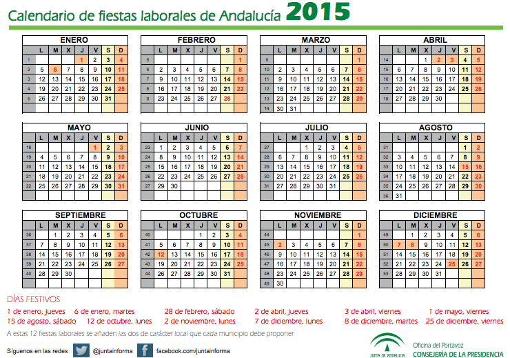 Calendario días festivos no laborables en Andalucia