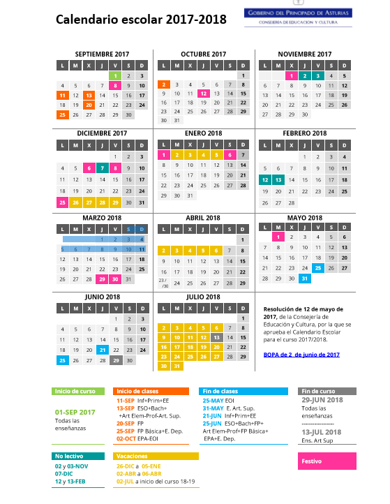 Calendario lectivo 2017-2018 Asturias