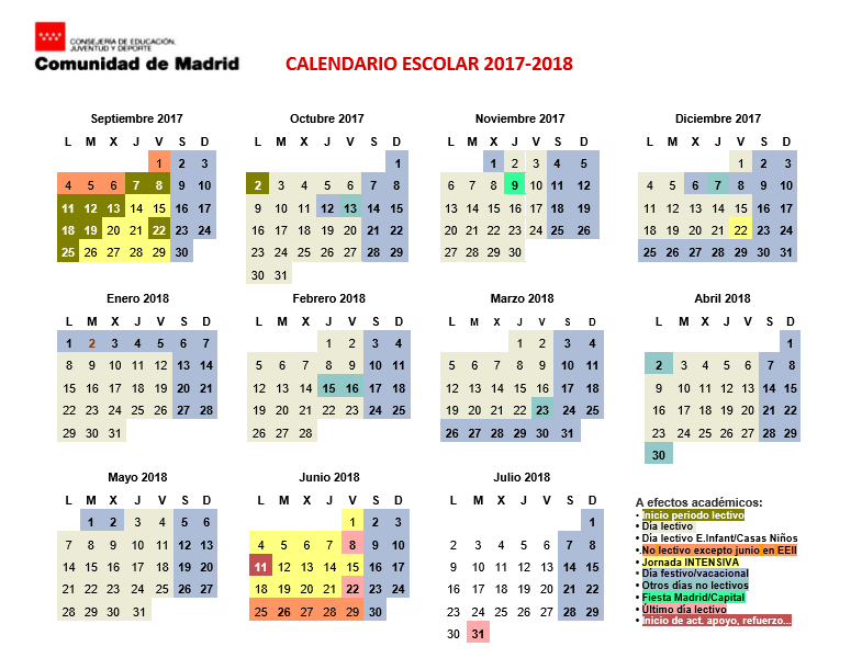 Calendario lectivo 2017-2018 de la Comunidad de Madrid