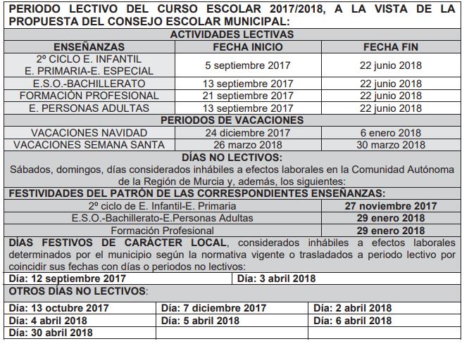 Calendario lectivo 2017-2018 de Murcia